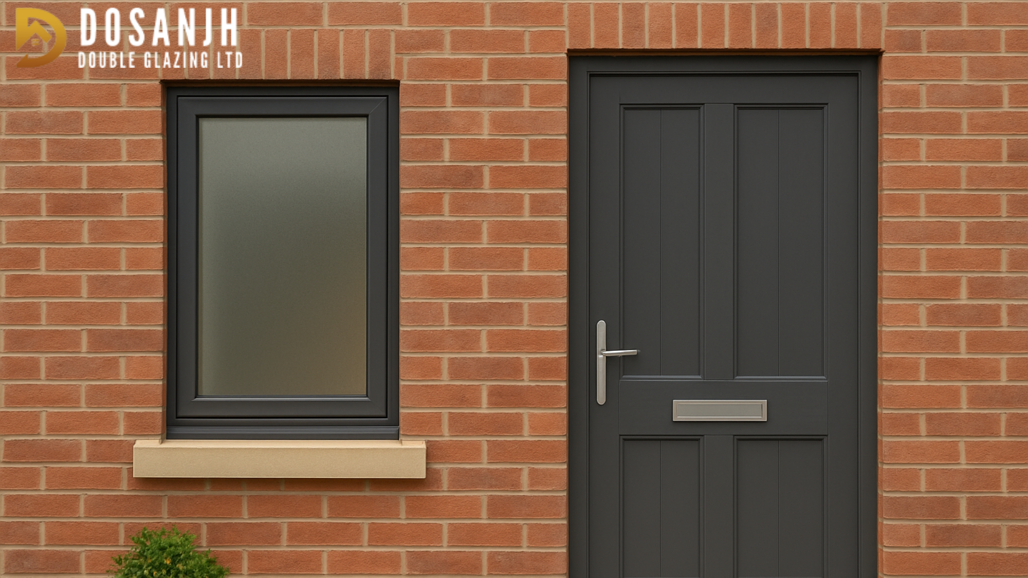 Frosted glass privacy window and secure composite front door in dark grey frame on a red brick home exterior, installed by Dosanjh Double Glazing Ltd.