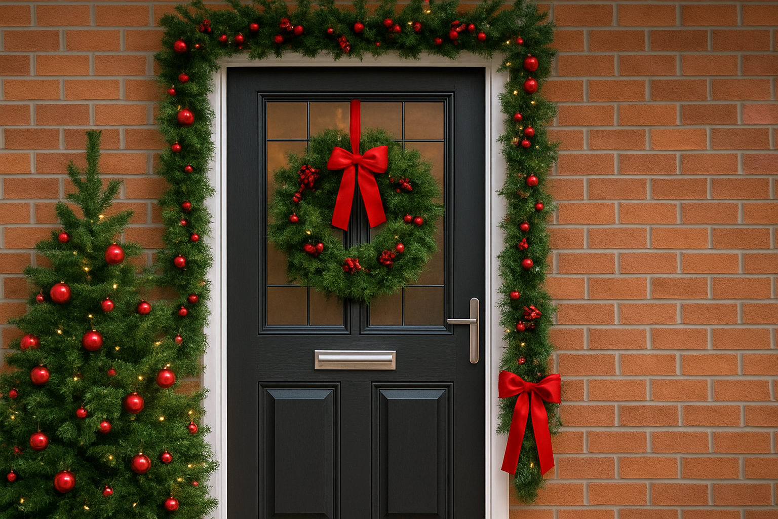 Festively decorated front door with Christmas wreath, garland, and ornaments on a modern grey door and brick exterior.