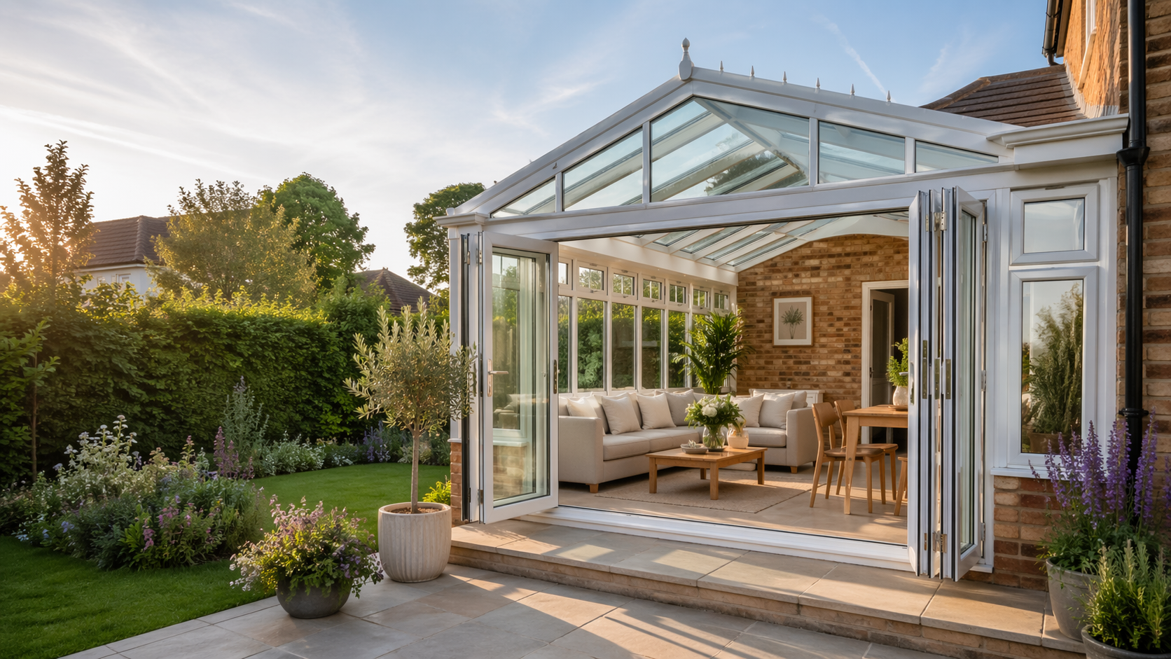 Modern conservatory design for summer with garden view and natural light