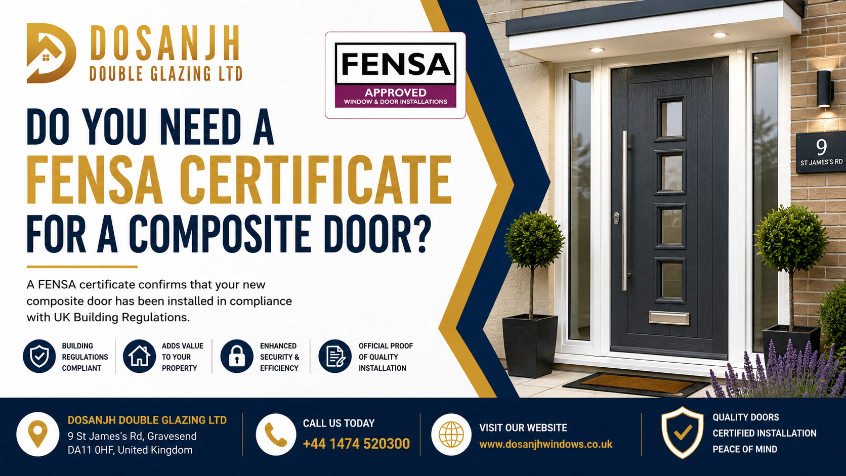 FENSA Certificate for a Composite Door by Dosanjh Double Glazing Ltd in Gravesend UK